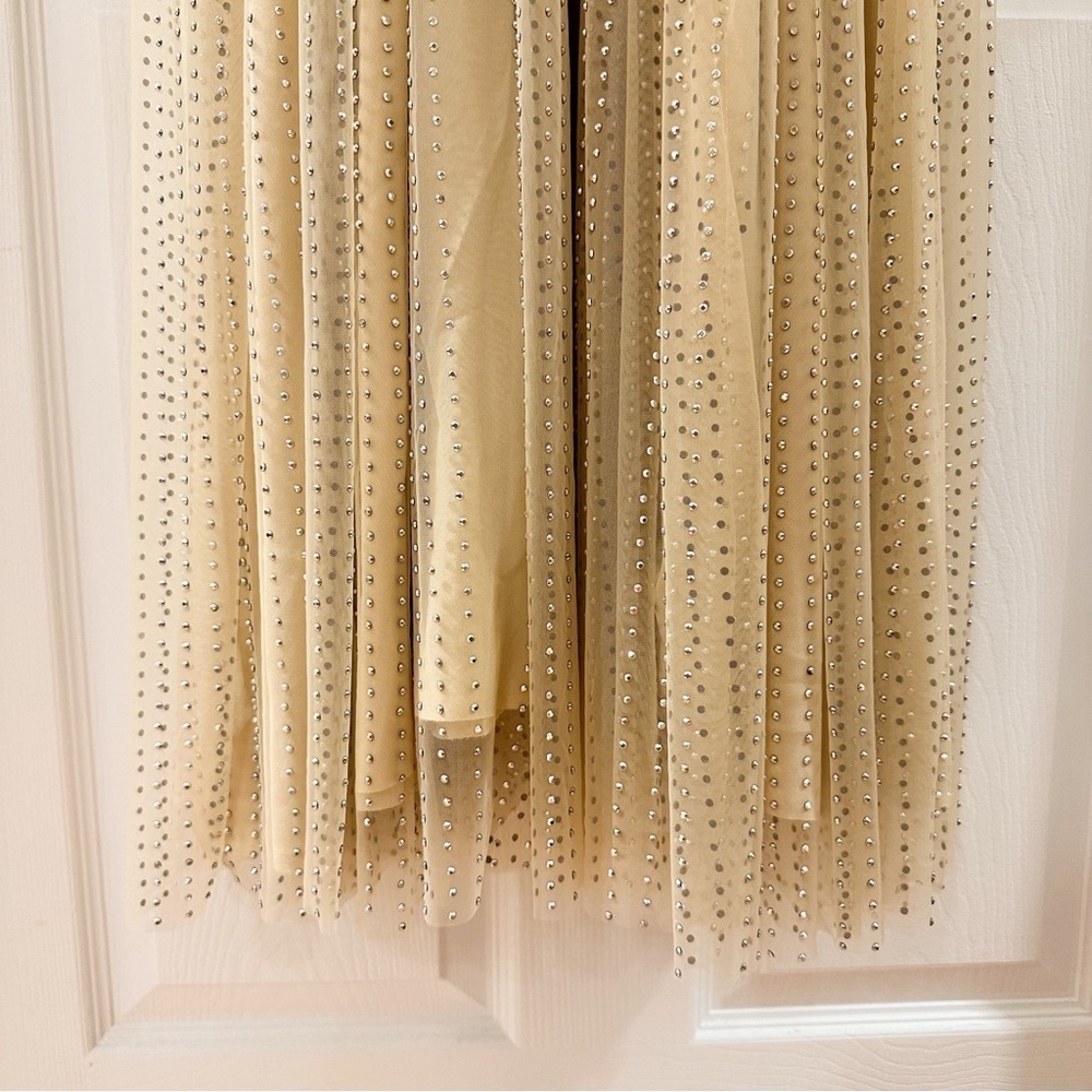 Revolve Divine Heritage Crystal Embellished Mesh Maxi Dress Gown Nude sz Medium - Picture 8 of 10